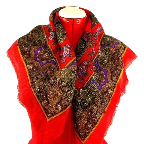 50s Fashion Floral Paisley Square Scarf Unrolled Hem Gold Metallic Thread - Picture 1 of 6